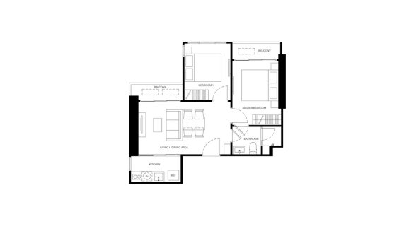 Condominium floor plan, 2 bedrooms in Xelf No. 11008 (2D)